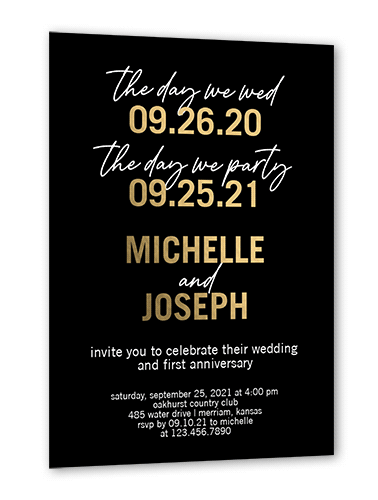 Bold Dates Wedding Anniversary Invitation, Gold Foil, Black, 5x7, Matte, Personalized Foil Cardstock, Square