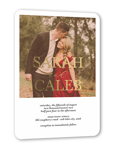 Brilliant Overlay Wedding Invitation, Gold Foil, Beige, 5x7, Matte, Personalized Foil Cardstock, Rounded, Pueblo