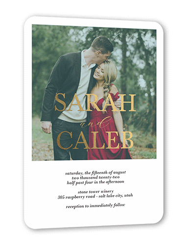 Brilliant Overlay Wedding Invitation, Gold Foil, Blue, 5x7, Matte, Personalized Foil Cardstock, Rounded, Sea