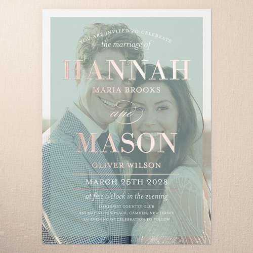Divine Elegance Wedding Invitation, Rose Gold Foil, Green, 5x7, Matte, Personalized Foil Cardstock, Square