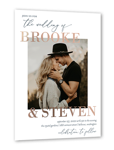 Modern Photo Wedding Invitation, White, Rose Gold Foil, 5x7, Matte, Personalized Foil Cardstock, Square, White