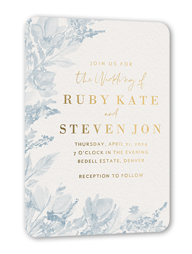 Dusty Blooms Wedding Invitation, Blue, Gold Foil, 5x7, Matte, Personalized Foil Cardstock, Rounded