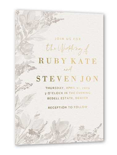 Dusty Blooms Wedding Invitation, Grey, Gold Foil, 5x7, Matte, Personalized Foil Cardstock, Square