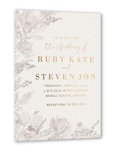 Dusty Blooms Wedding Invitation, Grey, Gold Foil, 5x7, Matte, Personalized Foil Cardstock, Square, Suede