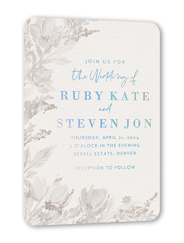 Dusty Blooms Wedding Invitation, Iridescent Foil, Grey, 5x7, Matte, Personalized Foil Cardstock, Rounded, Suede