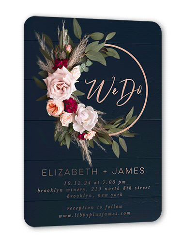 Dark Florals Wedding Invitation, Rose Gold Foil, Black, 5x7, Matte, Personalized Foil Cardstock, Rounded