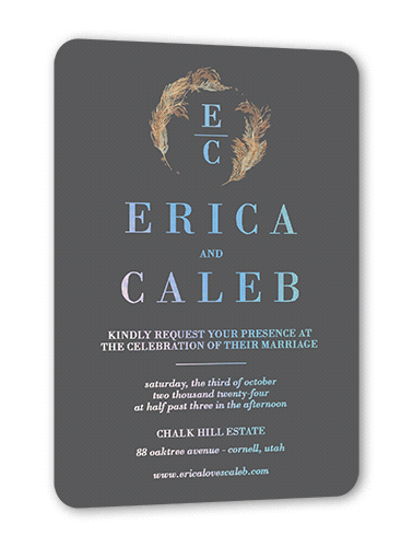 Autumn Grass Wedding Invitation, Grey, Iridescent Foil, 5x7, Matte, Personalized Foil Cardstock, Rounded, Burnt Ash