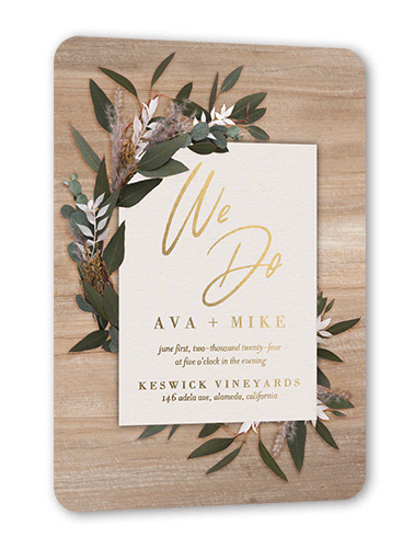 Rustic Foliage Wedding Invitation, Gold Foil, Beige, 5x7, Matte, Personalized Foil Cardstock, Rounded