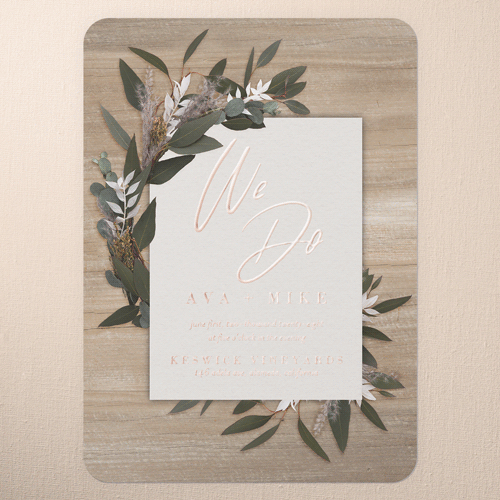 Rustic Foliage Wedding Invitation, Rose Gold Foil, Beige, 5x7, Matte, Personalized Foil Cardstock, Rounded