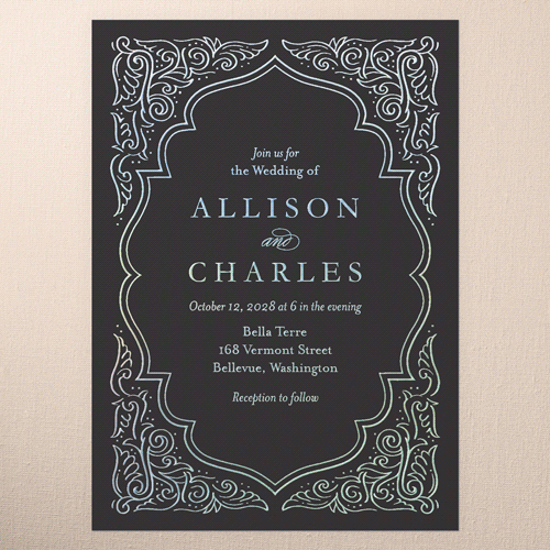 Filigree Border Wedding Invitation, Iridescent Foil, Grey, 5x7, Matte, Personalized Foil Cardstock, Square, Charcoal