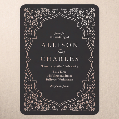 Filigree Border Wedding Invitation, Rose Gold Foil, Grey, 5x7, Matte, Personalized Foil Cardstock, Rounded