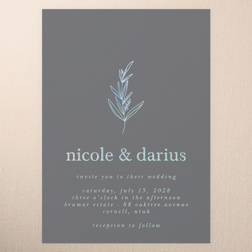 Sweet Leaf Wedding Invitation, Iridescent Foil, Grey, 5x7, Matte, Personalized Foil Cardstock, Square