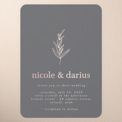 Sweet Leaf Wedding Invitation, Grey, Rose Gold Foil, 5x7, Matte, Personalized Foil Cardstock, Rounded, Steel