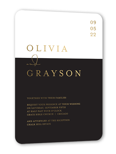 Dazzling Duet Wedding Invitation, Gold Foil, Black, 5x7, Matte, Personalized Foil Cardstock, Rounded