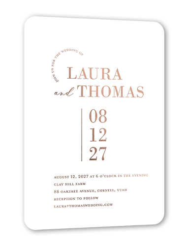 Adorned Accent Wedding Invitation, Rose Gold Foil, White, 5x7, Matte, Personalized Foil Cardstock, Rounded