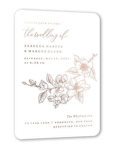 Marvelous Magnolia Wedding Invitation, Rose Gold Foil, White, 5x7, Matte, Personalized Foil Cardstock, Rounded, White