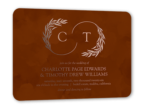 Reflective Rings Wedding Invitation, Brown, Rose Gold Foil, 5x7, Matte, Personalized Foil Cardstock, Rounded