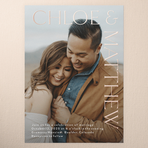 Gleaming Headline Wedding Invitation, Rose Gold Foil, White, 5x7, Matte, Personalized Foil Cardstock, Square