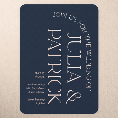 Modern Flow Wedding Invitation, Blue, Rose Gold Foil, 5x7, Matte, Personalized Foil Cardstock, Rounded, Feather