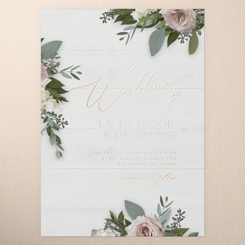Classic Bouquet Wedding Invitation, White, Rose Gold Foil, 5x7, Matte, Personalized Foil Cardstock, Square