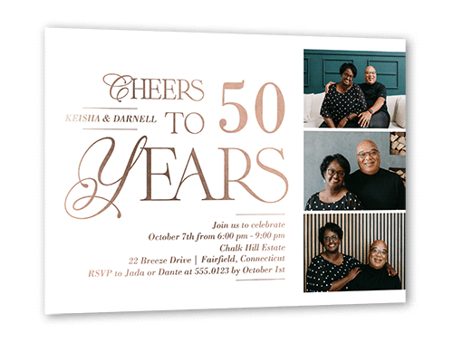 Cherished Cheers Wedding Anniversary Invitation, Rose Gold Foil, White, 5x7, Matte, Personalized Foil Cardstock, Square