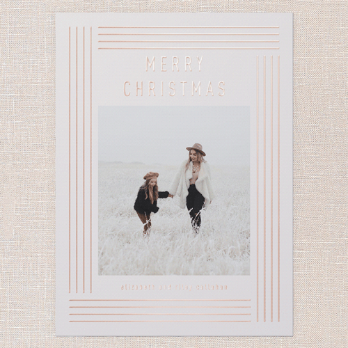 Glowing Deco Border Holiday Card, Pink, Rose Gold Foil, 6x8, Christmas, Matte, Personalized Foil Cardstock, Square, Blush