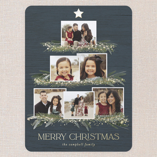 Together Tree Holiday Card, Blue, Gold Foil, 6x8, Christmas, Matte, Personalized Foil Cardstock, Rounded, Blue