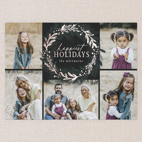 Foil Delight Wreath Holiday Card, Black, Rose Gold Foil, 6x8, Holiday, Matte, Personalized Foil Cardstock, Square, Black