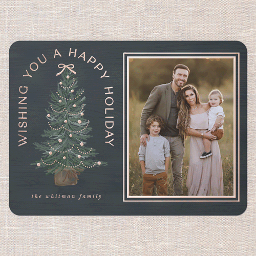 Small Sapling Holiday Card, Blue, Rose Gold Foil, 6x8, Holiday, Matte, Personalized Foil Cardstock, Rounded, Blue