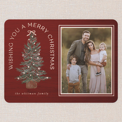 Small Sapling Holiday Card, Red, Rose Gold Foil, 6x8, Christmas, Matte, Personalized Foil Cardstock, Rounded, Red