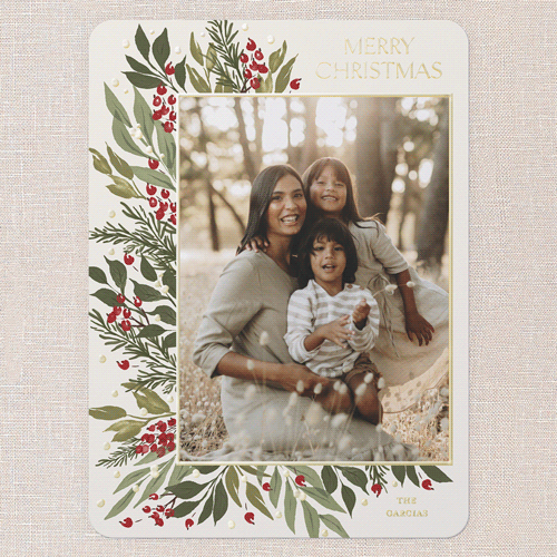 Traditional Berries Holiday Card, Beige, Gold Foil, 6x8, Christmas, Matte, Personalized Foil Cardstock, Rounded, Cream