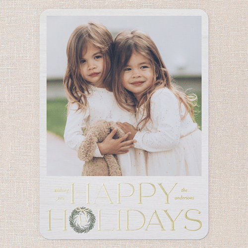 Wreath Wanderlust Holiday Card, Gold Foil, White, 6x8, Holiday, Matte, Personalized Foil Cardstock, Rounded, White