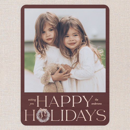 Wreath Wanderlust Holiday Card, Rose Gold Foil, Red, 6x8, Holiday, Matte, Personalized Foil Cardstock, Rounded, Red