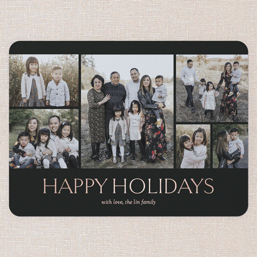 Timeless Gathering Holiday Card, Black, Rose Gold Foil, 6x8, Holiday, Matte, Personalized Foil Cardstock, Rounded, Black