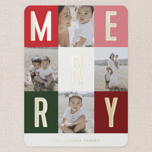 Modern Colorblock Merriment Christmas Card, Red, Gold Foil, 6x8, Christmas, Matte, Personalized Foil Cardstock, Rounded