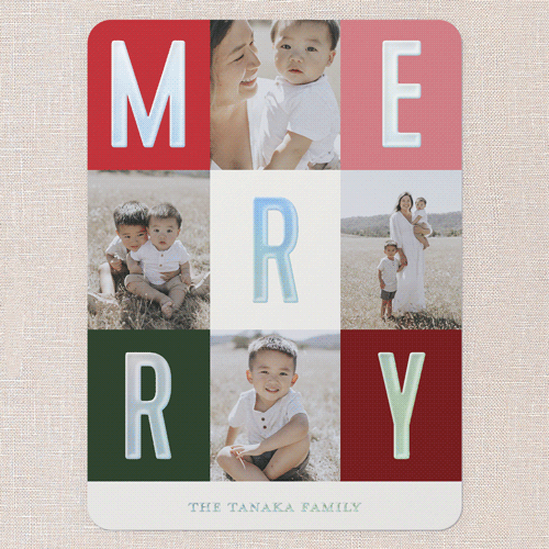 Modern Colorblock Merriment Christmas Card, Iridescent Foil, Red, 6x8, Christmas, Matte, Personalized Foil Cardstock, Rounded