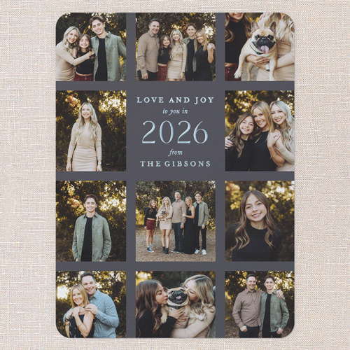 Modern Grid Gallery New Year's Card, Iridescent Foil, Grey, 6x8, New Year, Matte, Personalized Foil Cardstock, Rounded, Flint