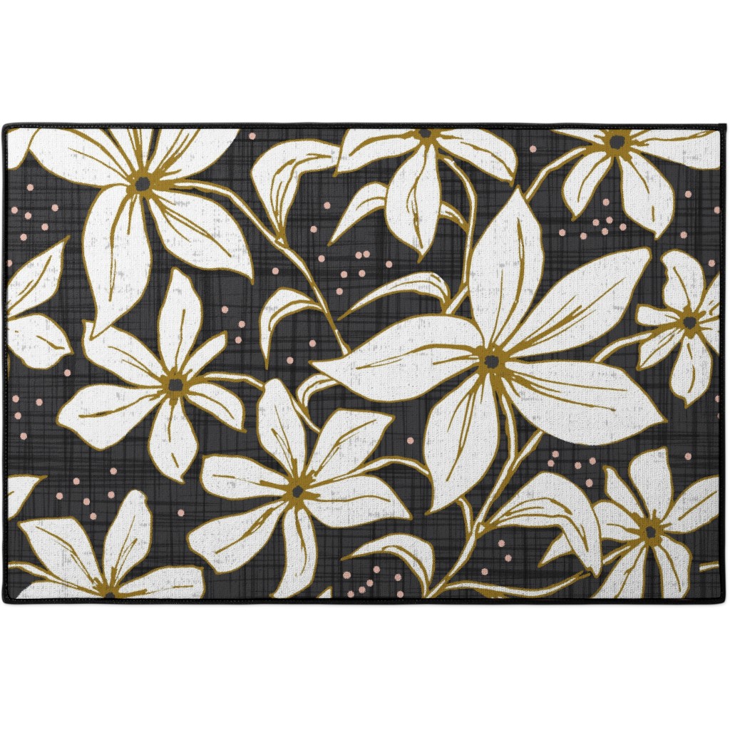 Lilium - Floral - Charcoal Black & White Door Mat, Black