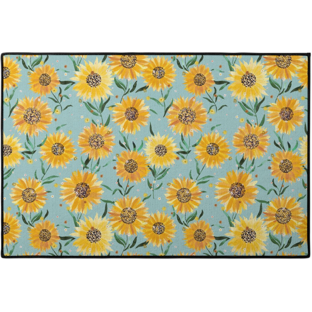 Watercolor Sunflowers - Yellow on Blue Door Mat, Yellow