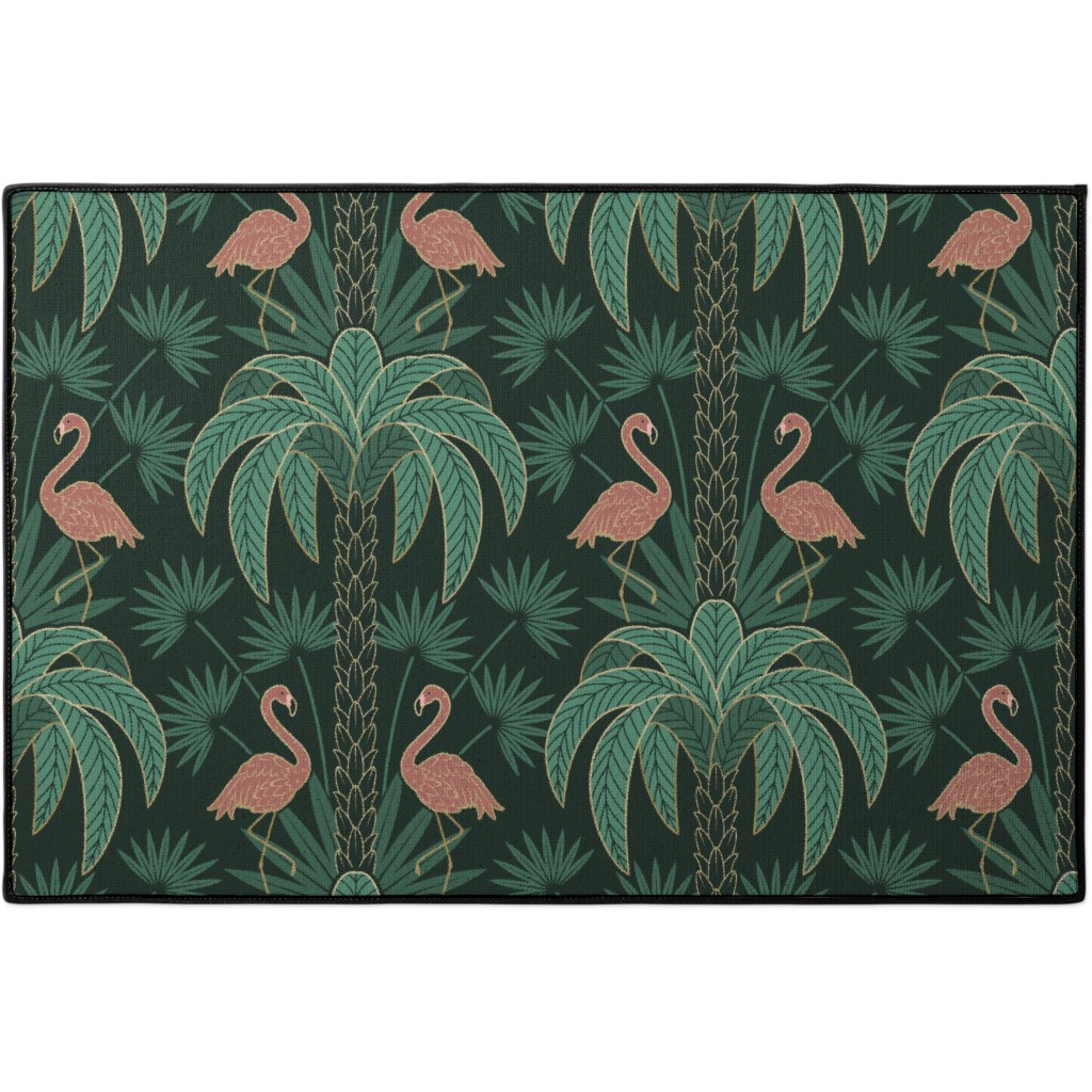 Art Deco Palm Trees and Flamingos Damask - Green and Pink Door Mat, Green