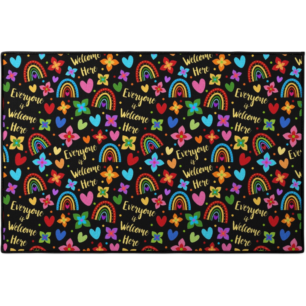 large scale everyone is welcome here rainbows flowers hearts on black door mat