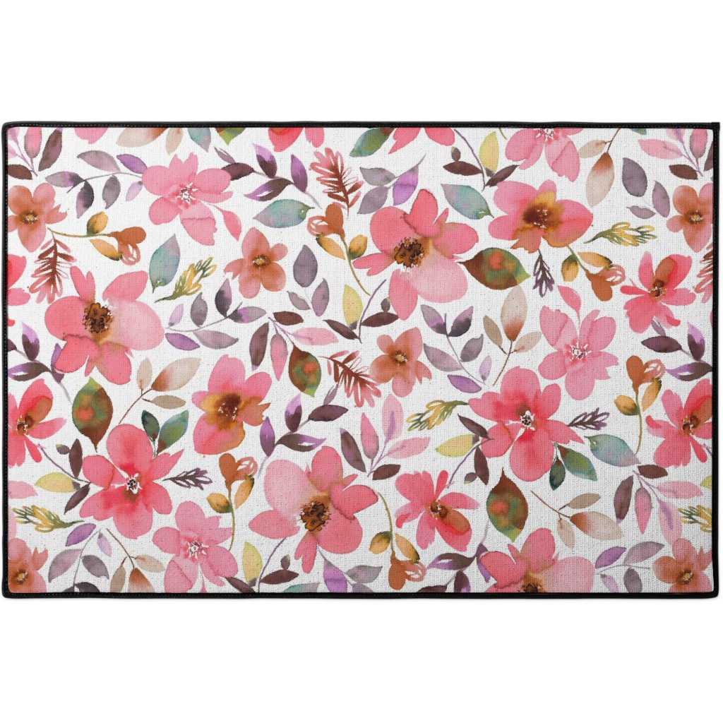 Summery Watercolor Flowers - Coral Pink Door Mat, Pink