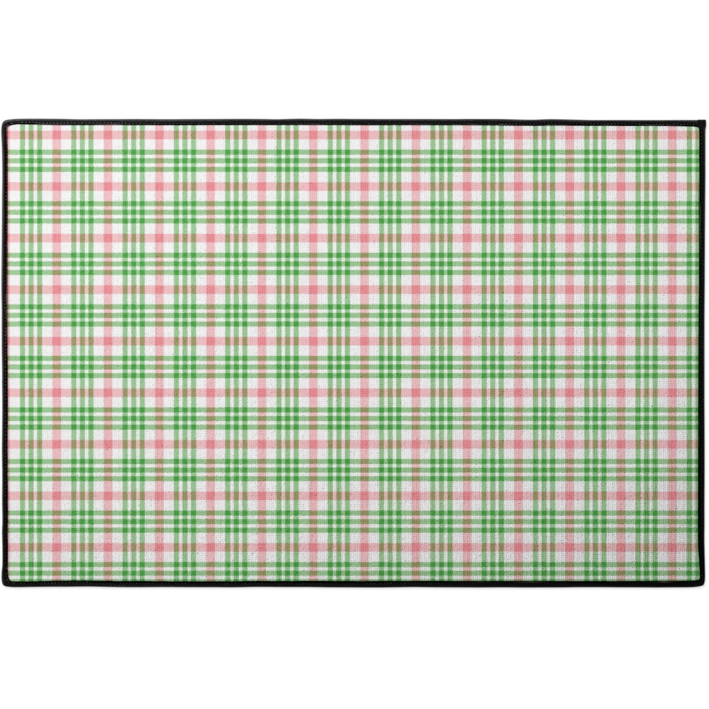 Pink, Green, and White Plaid Door Mat, Green