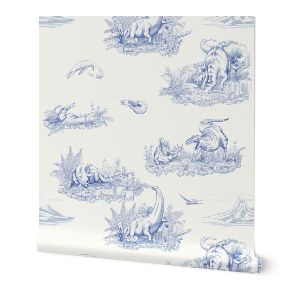Dinosaur Toile - Blue Wallpaper, 2'x3', Prepasted Removable Smooth, Blue