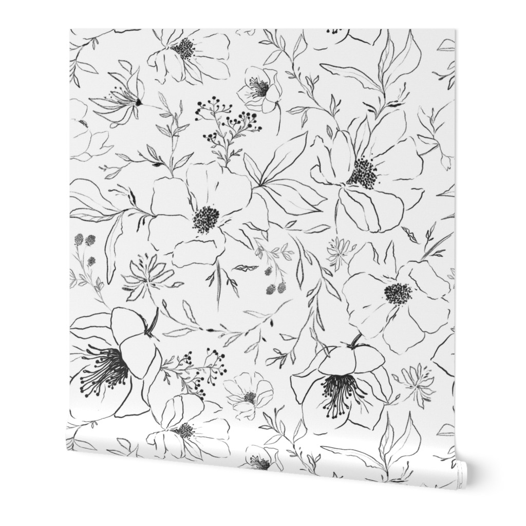 Sketch Flowers - White and Black Wallpaper, 2'x9', Prepasted Removable Smooth, White