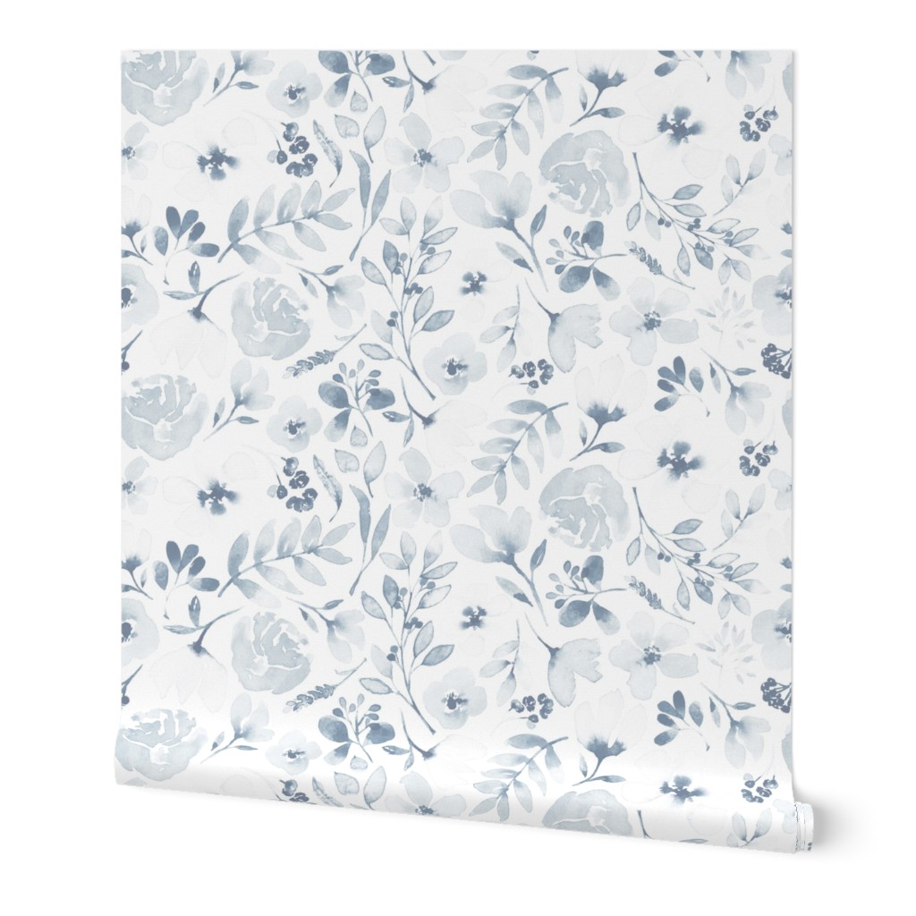 Faded Floral Watercolor - Light Blue Wallpaper, 2'x12', Prepasted Removable Smooth, Blue