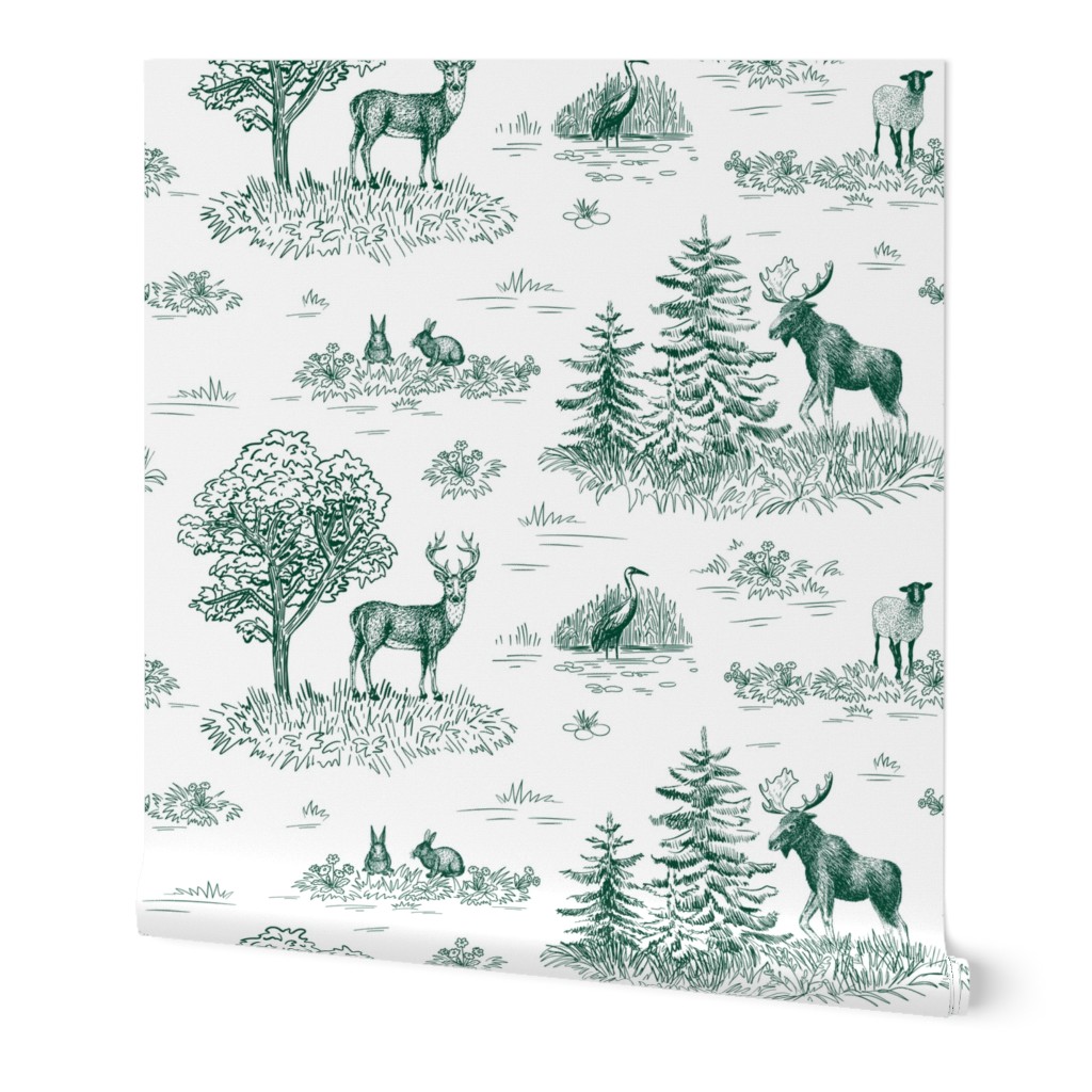 Animal Toile De Jouy - Green Wallpaper, 2'x9', Prepasted Removable Smooth, Green