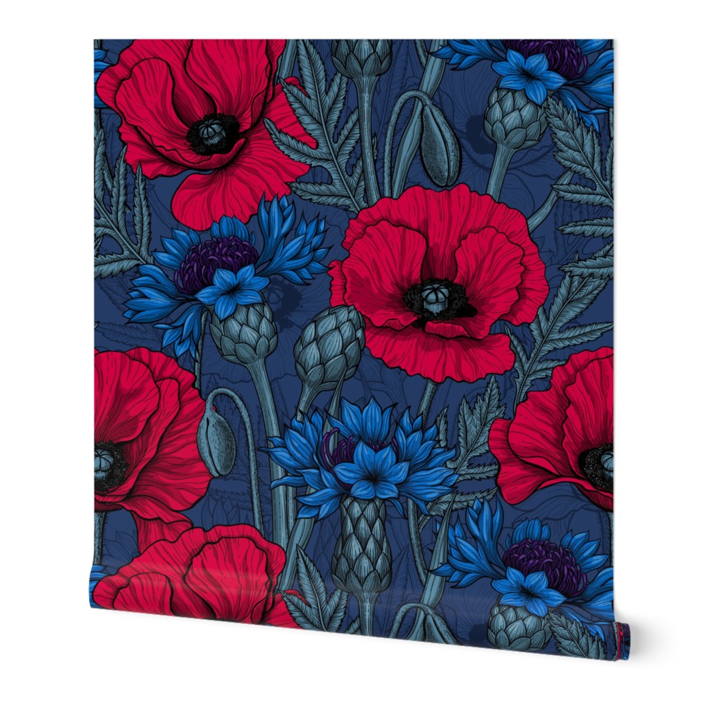 Poppies and Cornflowers - Blue and Red Wallpaper, 2'x12', Prepasted Removable Smooth, Blue