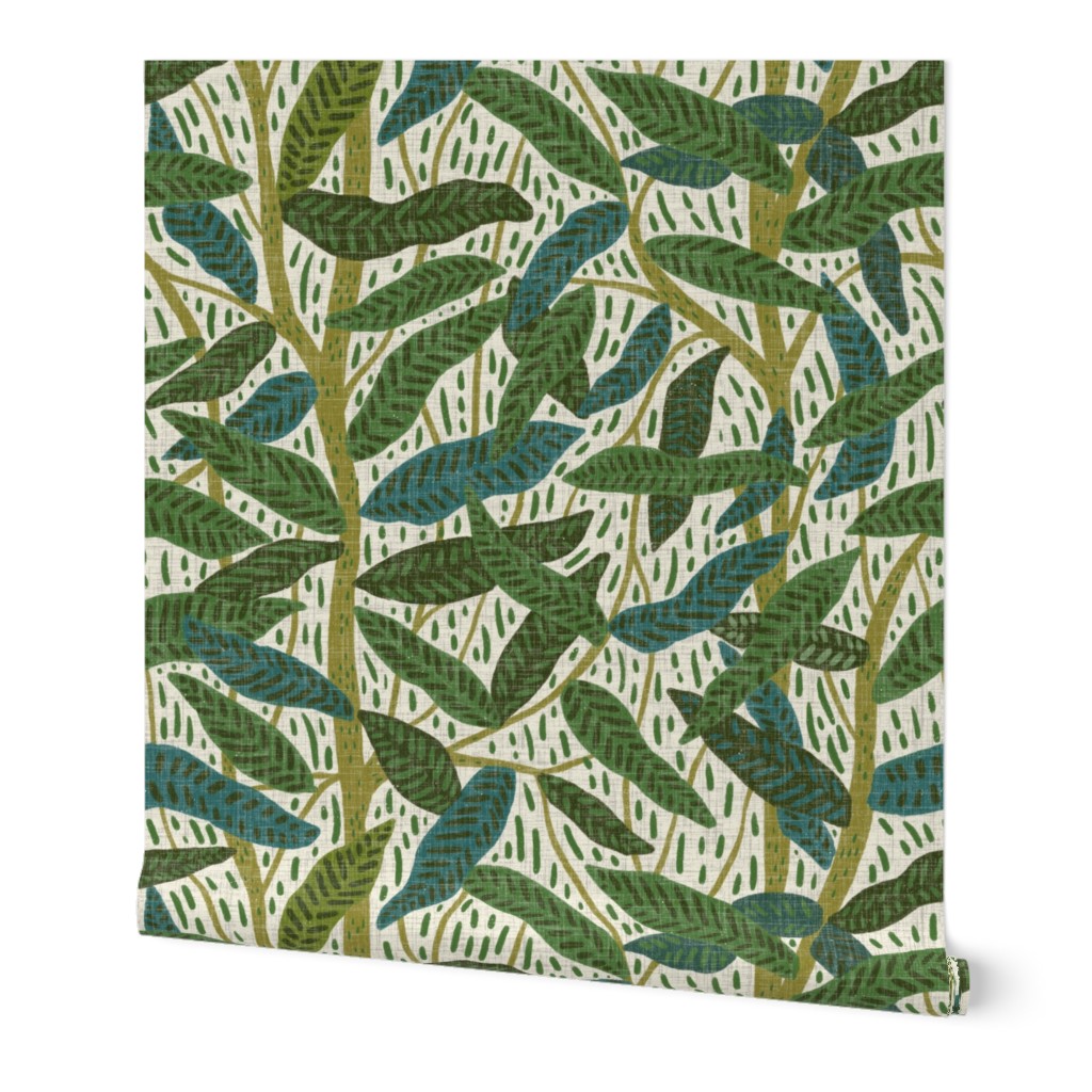 Jungle Foliage - Green Wallpaper, 2'x12', Prepasted Removable Smooth, Green