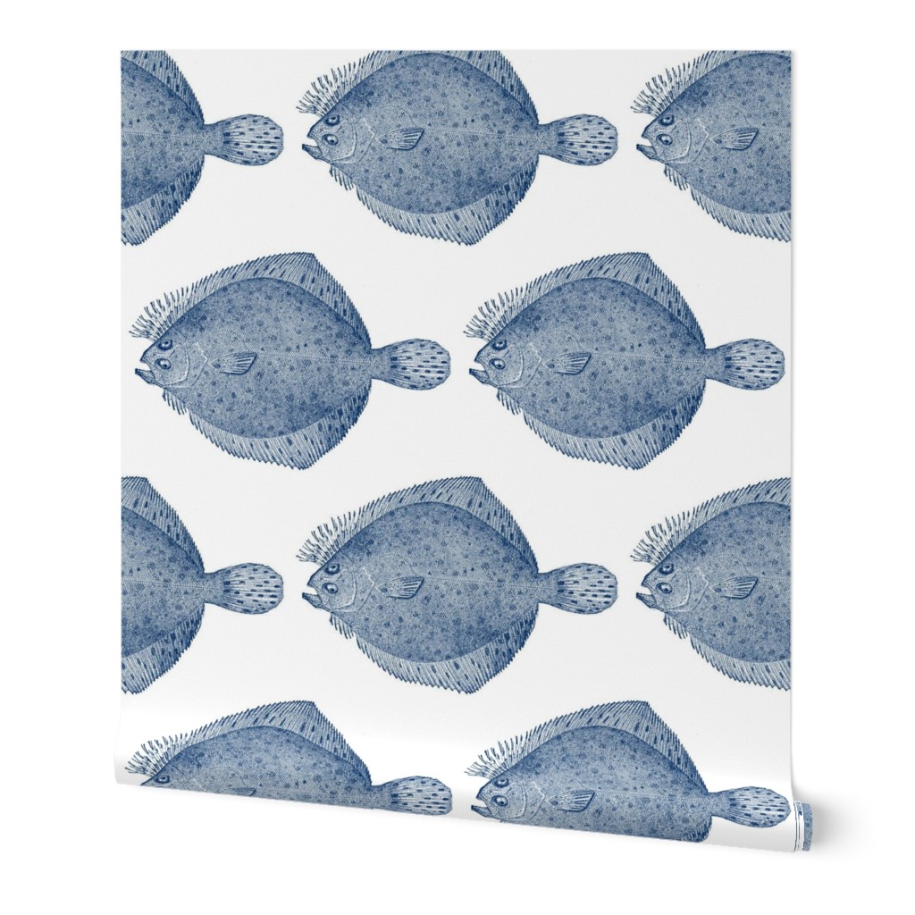Vintage Flounder Fish Illustration - Blue and White Wallpaper, 2'x3', Prepasted Removable Smooth, Blue